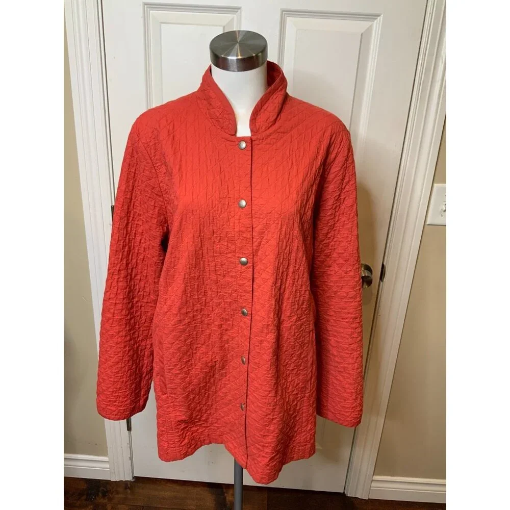 Eileen Fisher Coral Quilted Lightweight Oversized Snap Button-Up Jacket, Size L